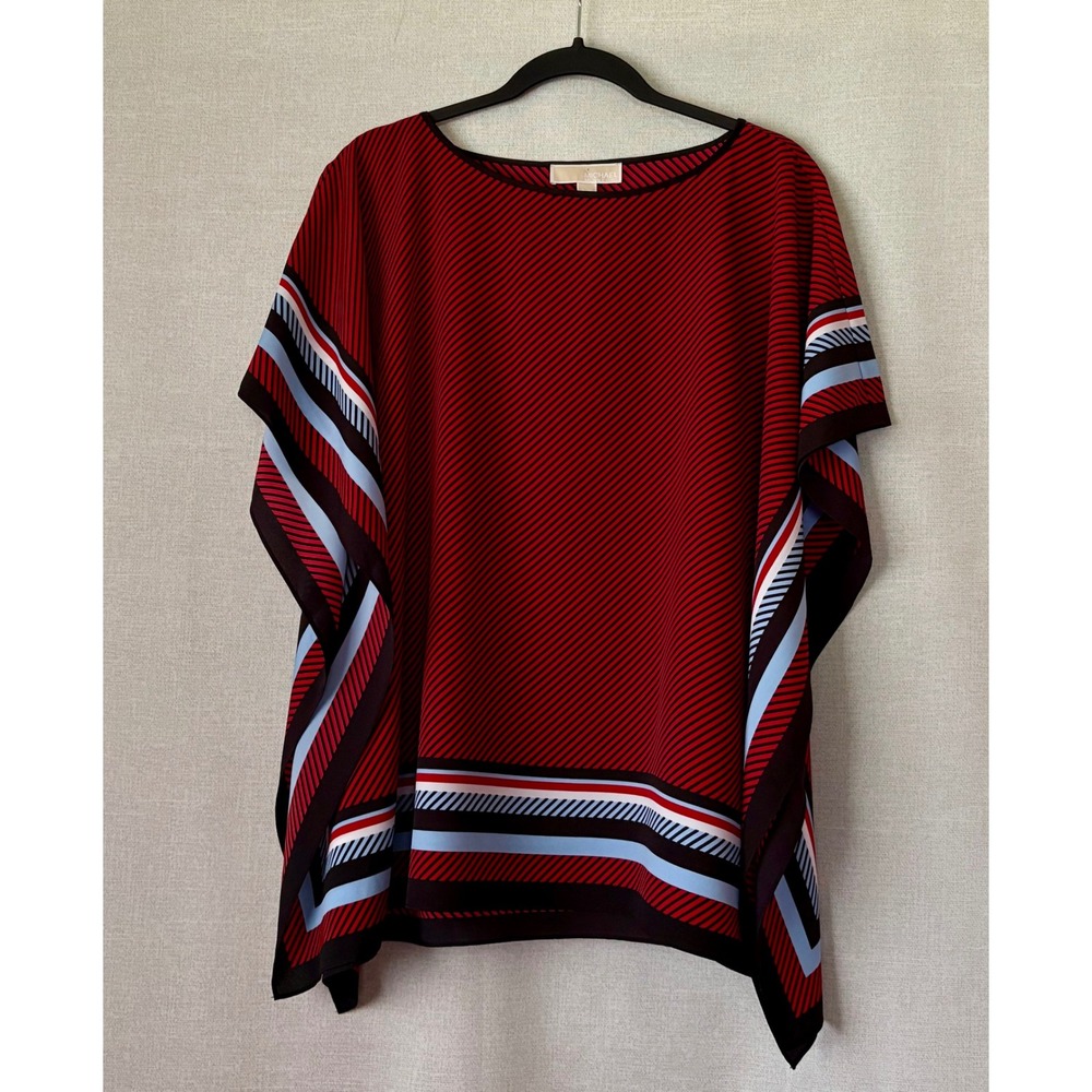 Michael Kors Red Black Striped Poncho Blouse Top S/M Scoop Neck Cape Sleeve